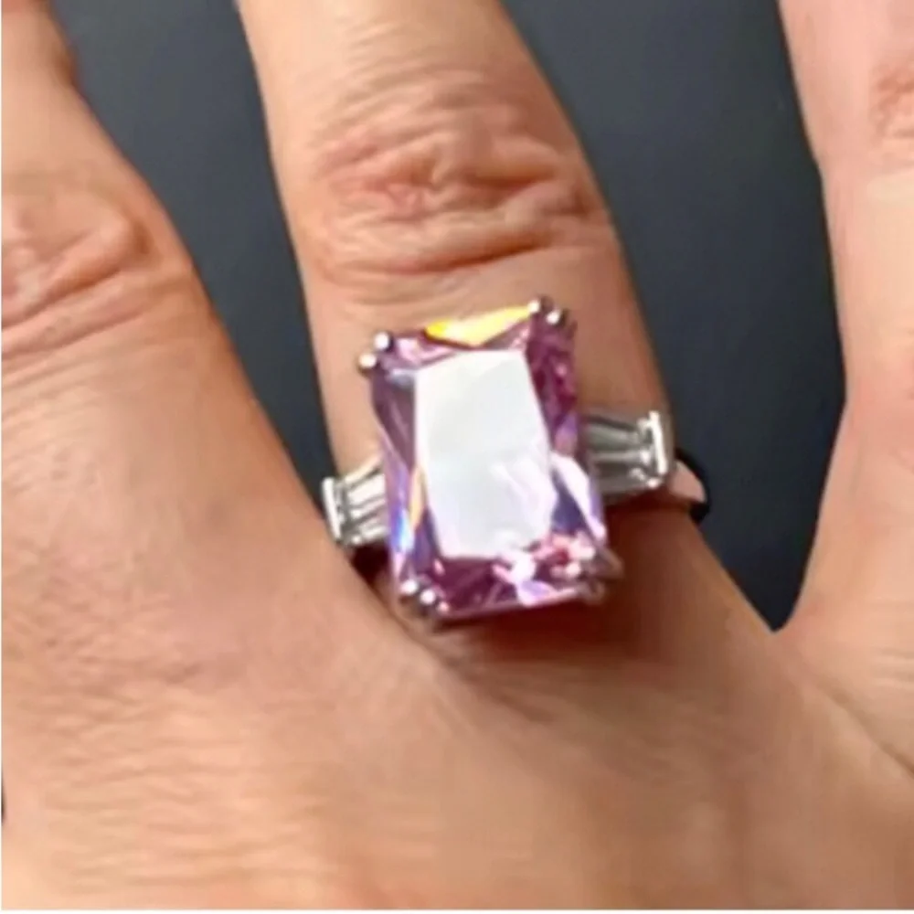 New Silver Square Cut Pink Statement Amethyst Ring